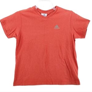 Vtg Y2K Adidas T Shirt Wmns M Orange SS Blank V Neck Cotton Embroidered USA Made